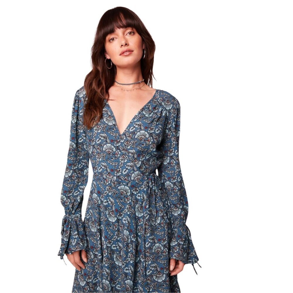 Band Of The Free Blue Long Sleeve Dress V Neck Bohemian Pattern Midi Length